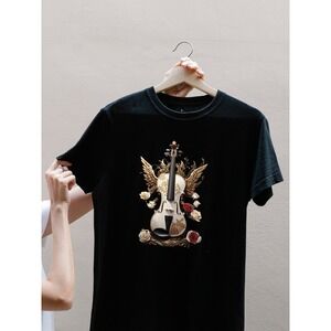 Ornate Violin Angel Wings Rose Graphic M Tee Shirt Musical Art Unisex Casual Top